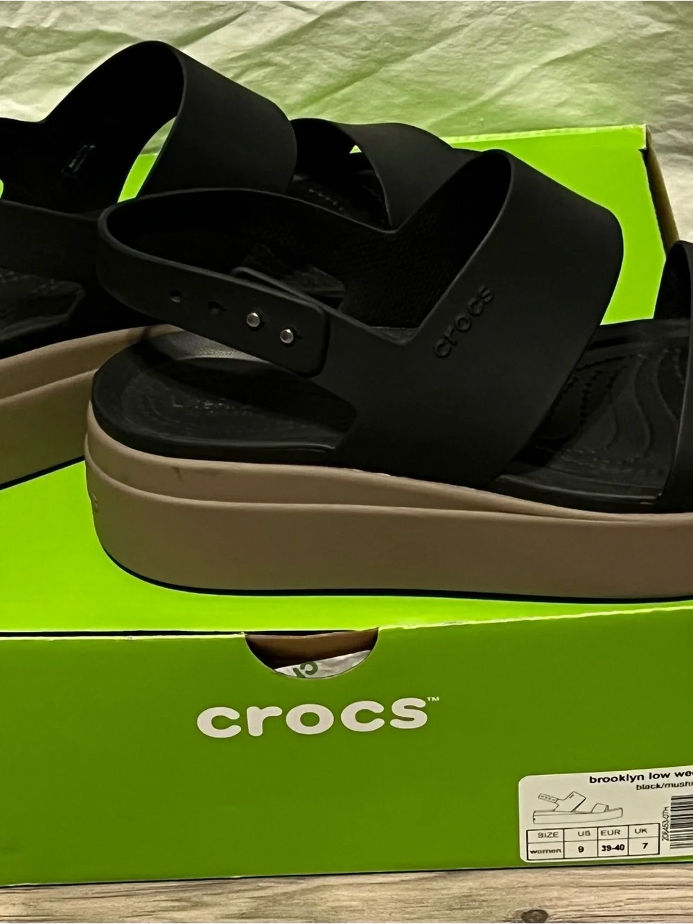 CROCS Brooklyn Low Wedge Sandals in Black and Taupe